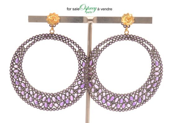 boucles d'oreille créoles, amethystes et diamant